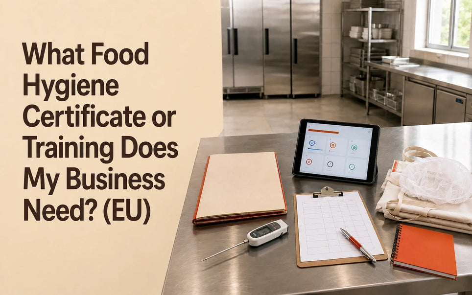 Food hygiene training materials, a temperature probe and a competency checklist in a clean commercial kitchen