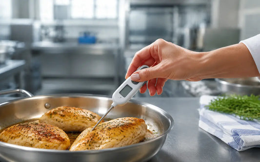 European chef checking cooked chicken with a probe thermometer beside safely chilled food and refrigerated storage.