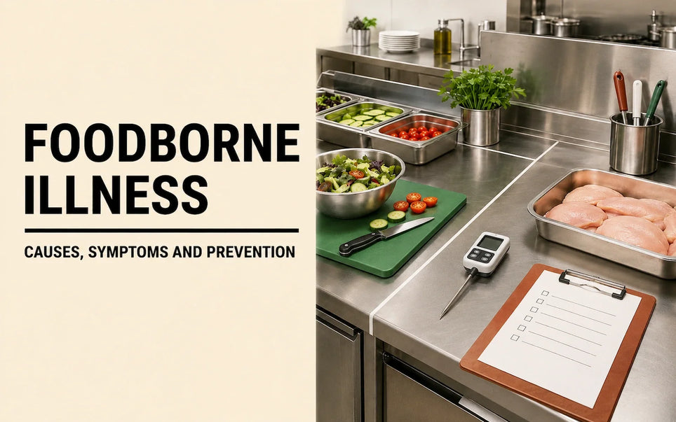Commercial kitchen controls separating raw poultry from ready-to-eat food, with a probe thermometer and hygiene records.