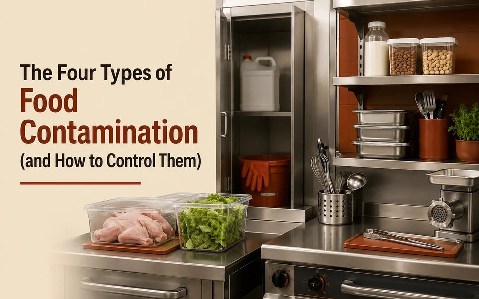 Controlled commercial-kitchen area with separated raw food, cleaning products, inspected equipment and allergen ingredients.