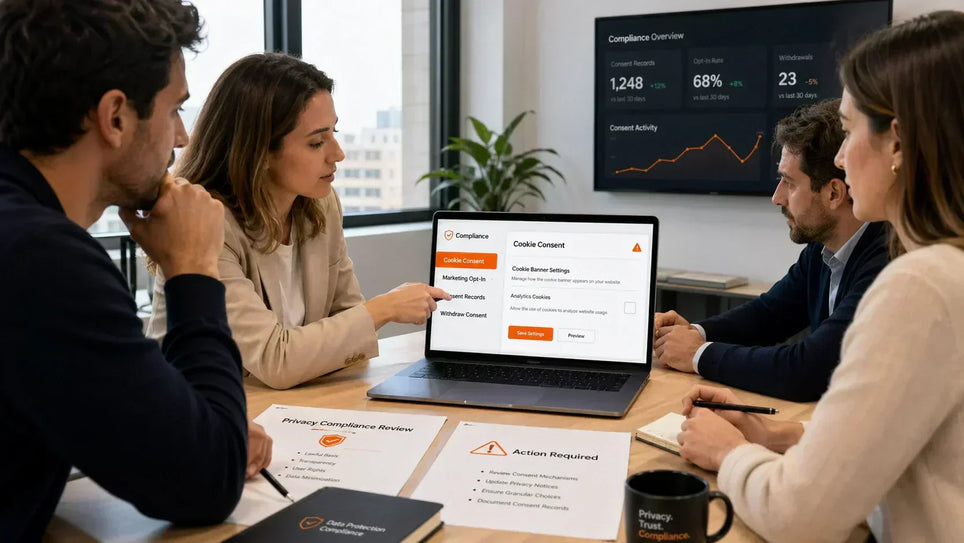 Business team reviewing GDPR consent settings and privacy compliance records during a data protection meeting.