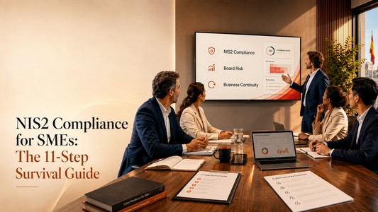 SME directors reviewing NIS2 cybersecurity compliance risks in a modern European boardroom.