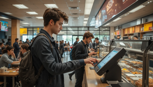 Young customer using a self-service ordering kiosk in a busy food court or cafeteria
