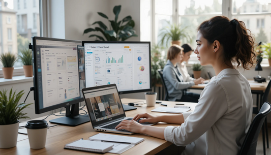 Female business analyst working on multiple computer screens with dashboards and analytics in a modern office