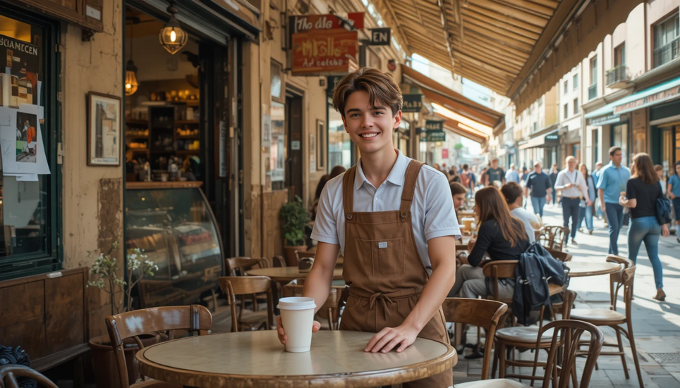 Young café worker or barista serving customers at an outdoor coffee shop in a busy city street