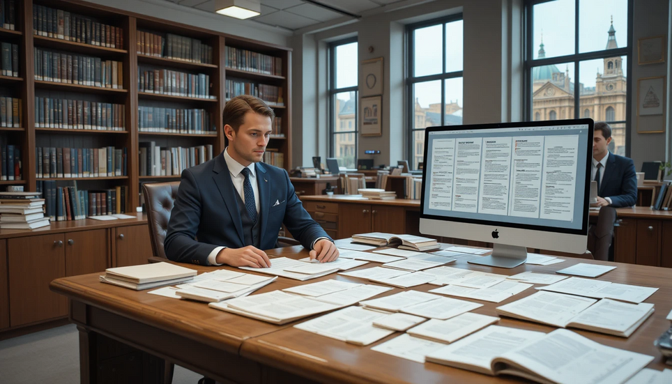 Legal professional reviewing regulatory documents and digital records in a law office library