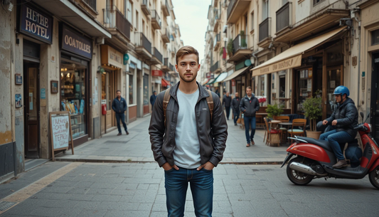 Young traveller exploring local neighbourhood and daily life in Spanish city