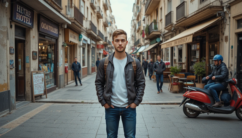 Young traveller exploring local neighbourhood and daily life in Spanish city