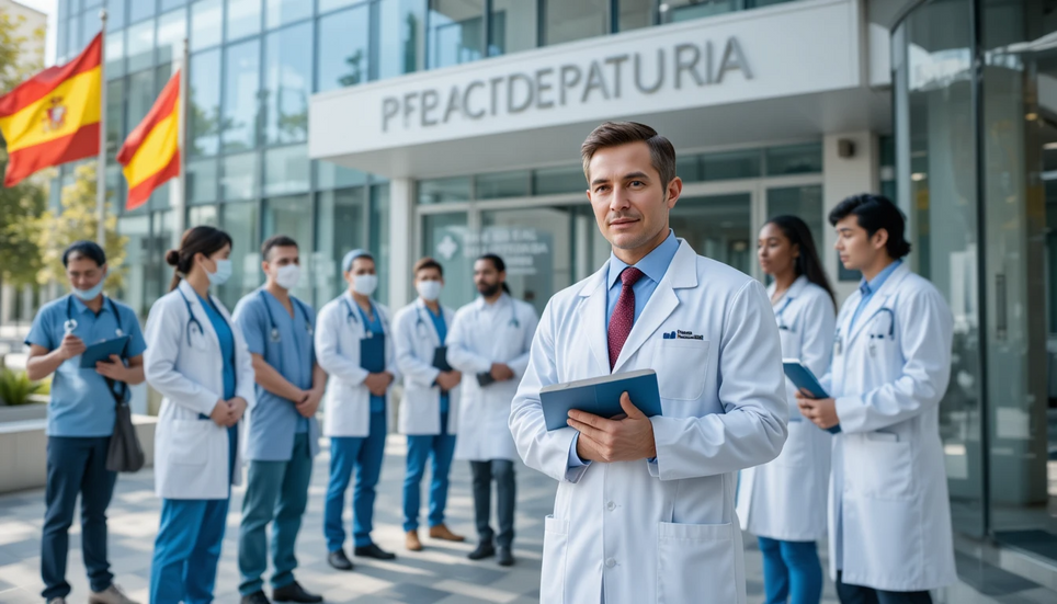 Doctor explaining medical residency process in Spain with educational YouTube thumbnail design