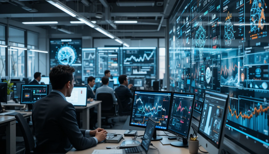 AI operations team monitoring machine learning analytics and digital performance dashboards in control room