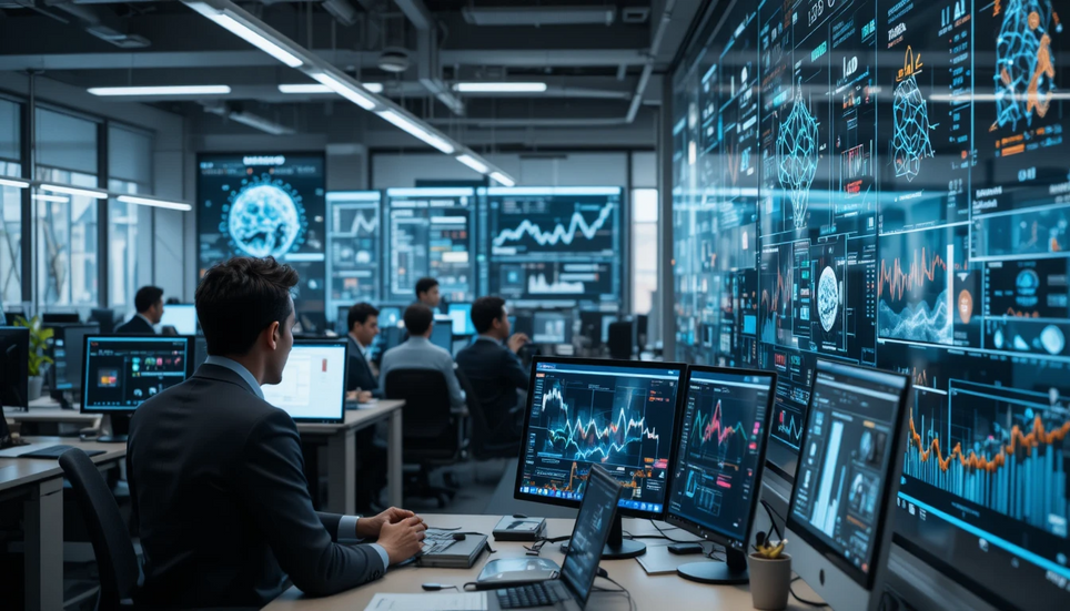 AI operations team monitoring machine learning analytics and digital performance dashboards in control room