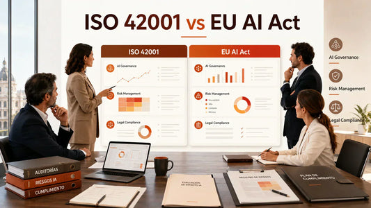 ISO 42001 vs EU AI Act comparison showing AI governance compliance and risk management for Spanish businesses