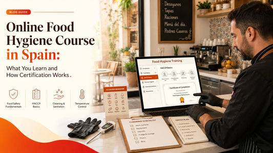 Online food hygiene course in Spain with food worker studying hygiene training and certificate online