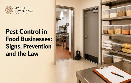Clean food-business storage area with sealed containers, an intact door seal and a pest-monitoring station.