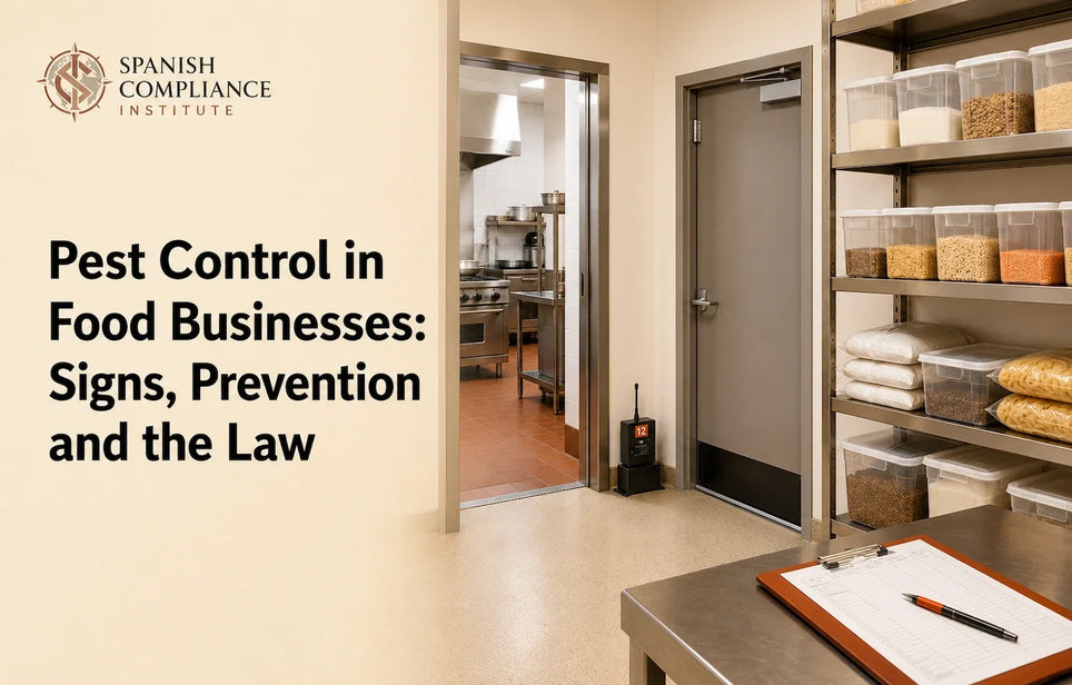 Clean food-business storage area with sealed containers, an intact door seal and a pest-monitoring station.
