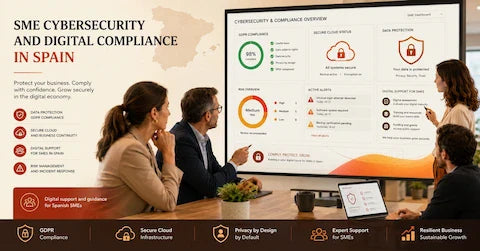 Spanish SME team reviewing cybersecurity and digital compliance dashboard under Acelera PYME framework 