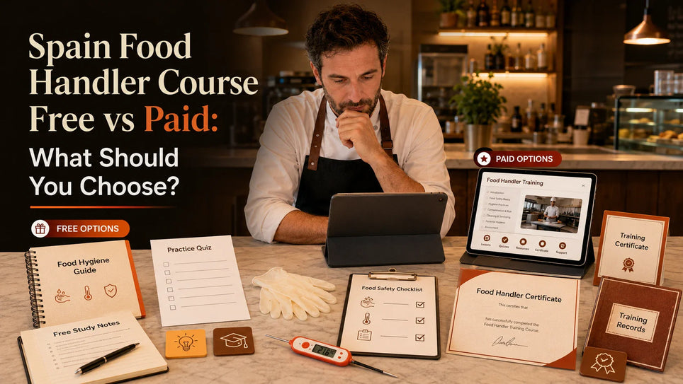 Food worker in Spain comparing a free food handler course with paid certificate training online 