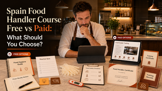 Food worker in Spain comparing a free food handler course with paid certificate training online 