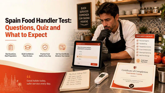 Food handler in Spain preparing for an online food hygiene test and certificate 