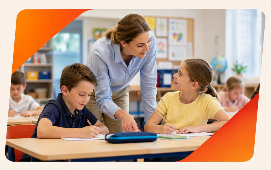 Education and Child Protection course collection image showing a teacher supporting children in a classroom learning environment.