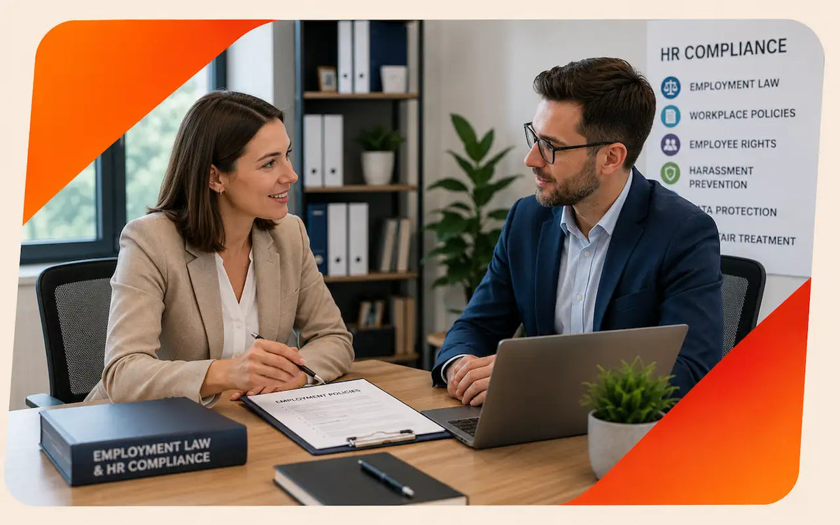 Employment Law & HR Compliance course collection image showing professionals reviewing workplace policies and employee rights.