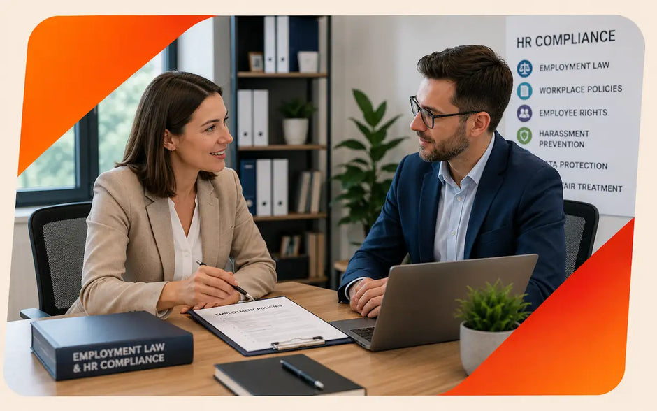 Employment Law & HR Compliance course collection image showing professionals reviewing workplace policies and employee rights.