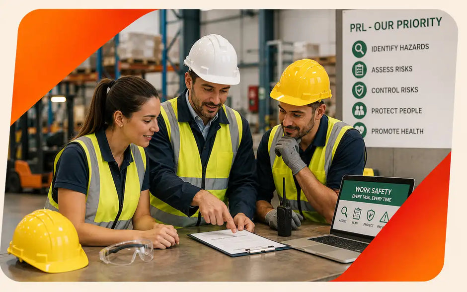 Occupational Health & Safety (PRL) course collection image showing workers reviewing workplace hazards, risks, and safety controls.