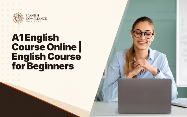 A1 English Course Online banner showing a female student attending an online class on a laptop.