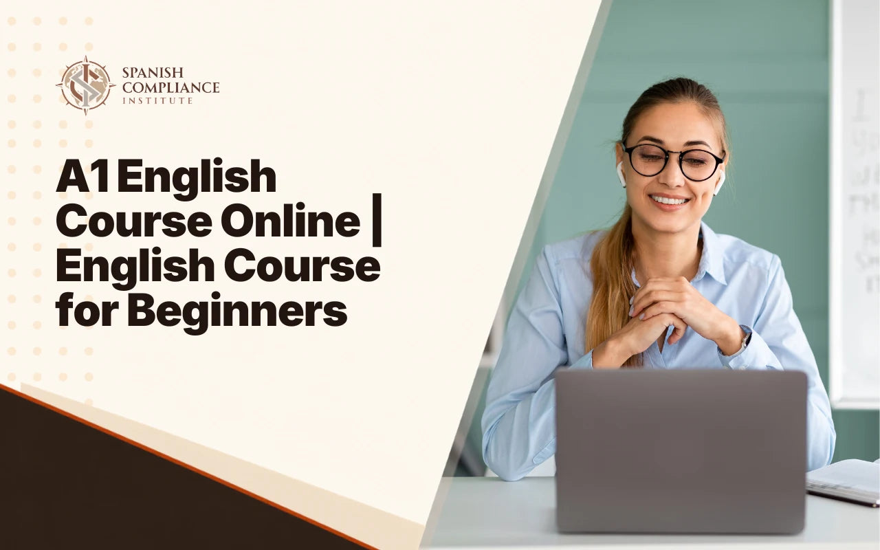 A1 English Course Online banner showing a female student attending an online class on a laptop.