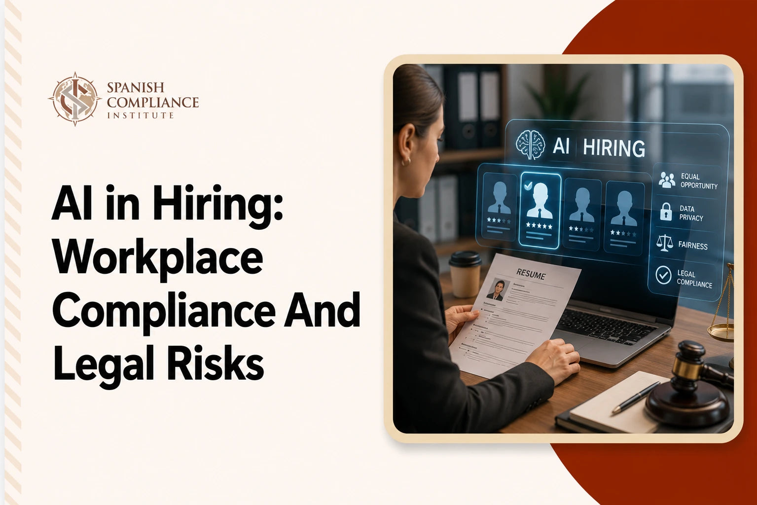 AI in Hiring: Workplace Compliance And Legal Risks course cover featuring an HR professional reviewing a resume with an AI hiring dashboard, compliance icons, legal scales, and a gavel.