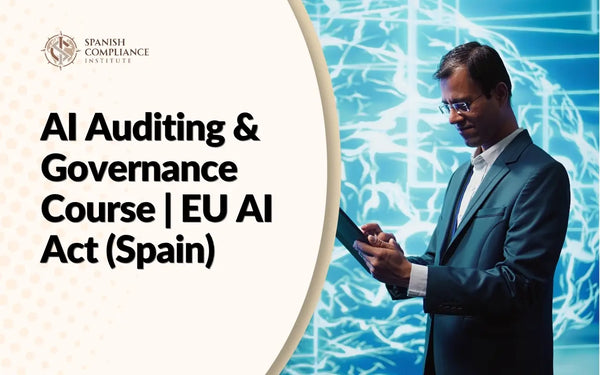 Course banner for the AI Auditing & Governance Course | EU AI Act (Spain), showing a businessman analyzing data on a tablet in front of a blue futuristic AI network background.