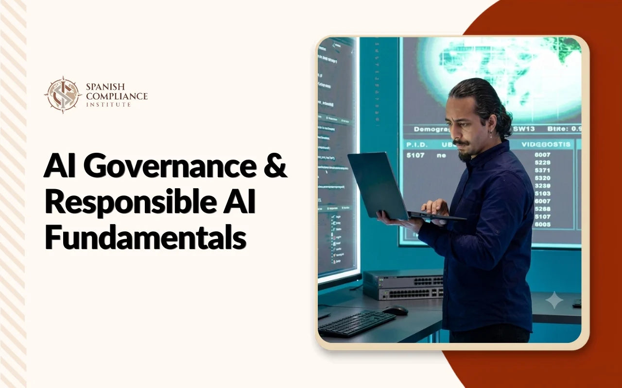 Course banner for AI Governance & Responsible AI Fundamentals, featuring a high-tech digital graphic of a human eye blended with cybernetic circuits.