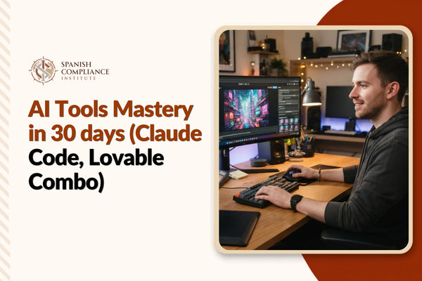 Professional using AI tools on a laptop, representing AI Tools Mastery in 30 Days with Claude Code and Lovable.