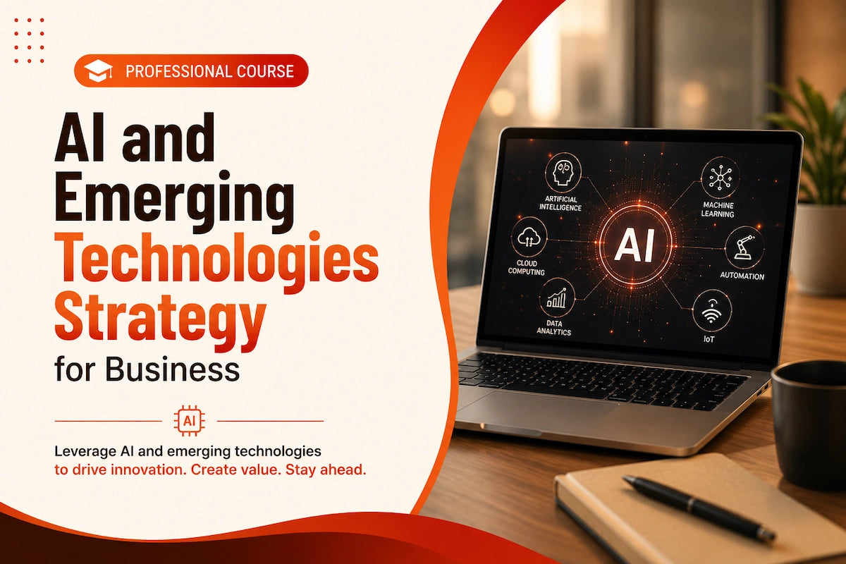 AI strategy course banner featuring a laptop displaying artificial intelligence, machine learning, cloud computing, automation, IoT, and data analytics concepts in a modern business environment.