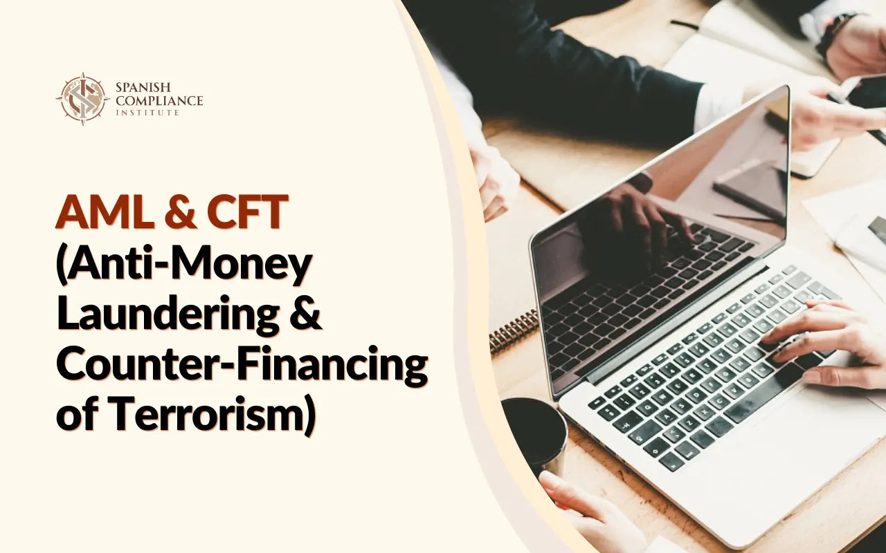 AML & CFT course cover featuring professionals working together on a laptop in an office setting.