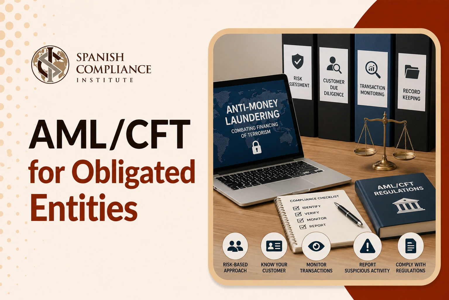 AML/CFT for Obligated Entities course cover featuring anti-money laundering compliance materials, risk assessment and customer due diligence folders, transaction monitoring, legal scales, and a compliance checklist.