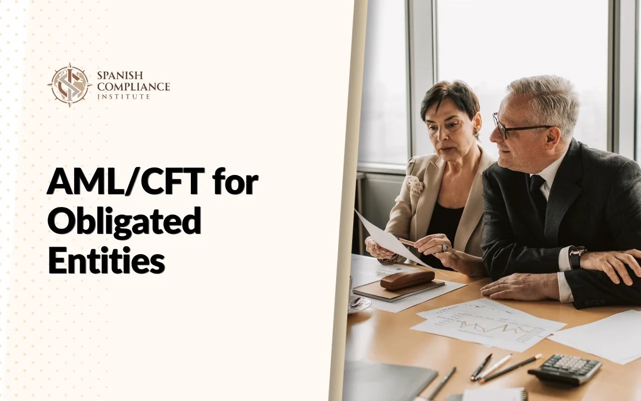 Compliance professionals reviewing financial documents during an AML/CFT compliance meeting, demonstrating anti-money laundering controls, counter-terrorist financing measures, risk assessment, and regulatory compliance for obligated entities.