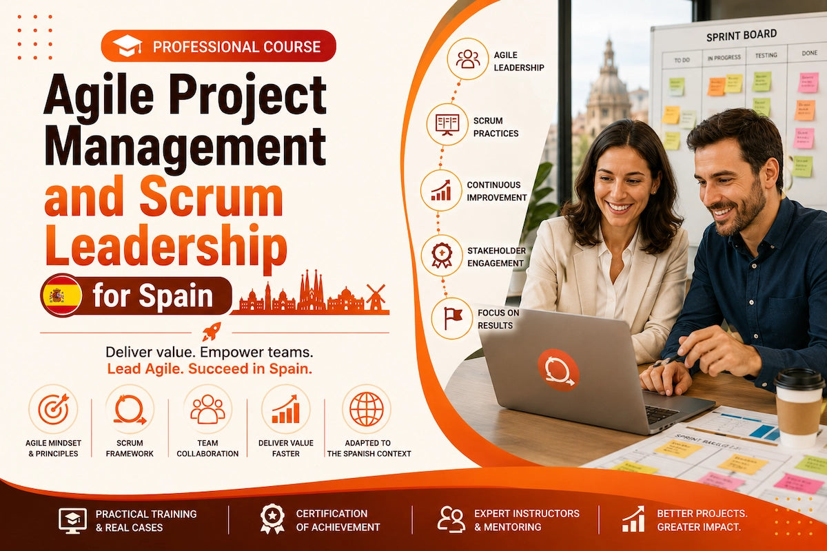 Professional course banner for Agile Project Management and Scrum Leadership in Spain featuring two business professionals collaborating in front of a sprint board with Scrum, agile leadership, stakeholder engagement, and project management visuals.