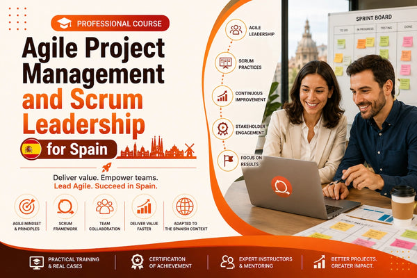 Professional course banner for Agile Project Management and Scrum Leadership in Spain featuring two business professionals collaborating in front of a sprint board with Scrum, agile leadership, stakeholder engagement, and project management visuals.