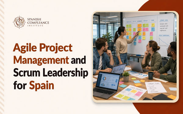 Agile Project Management and Scrum Leadership course cover featuring a team planning a sprint around a Scrum board in an office meeting.