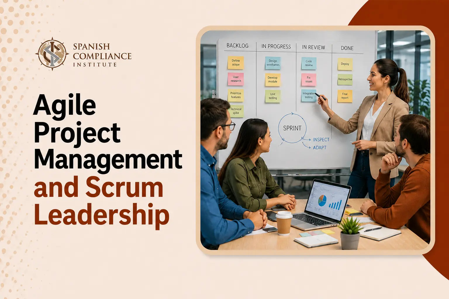 Agile Project Management and Scrum Leadership course cover featuring a team planning a sprint around a Scrum board in an office meeting.