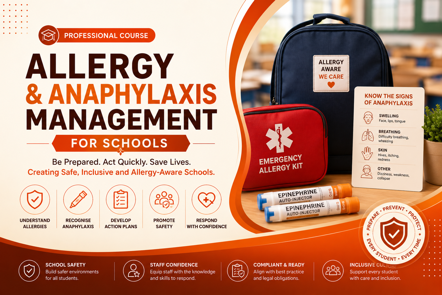 Allergy and Anaphylaxis Management for Schools course cover featuring an emergency allergy kit, epinephrine auto-injectors, anaphylaxis warning signs, and school safety icons.