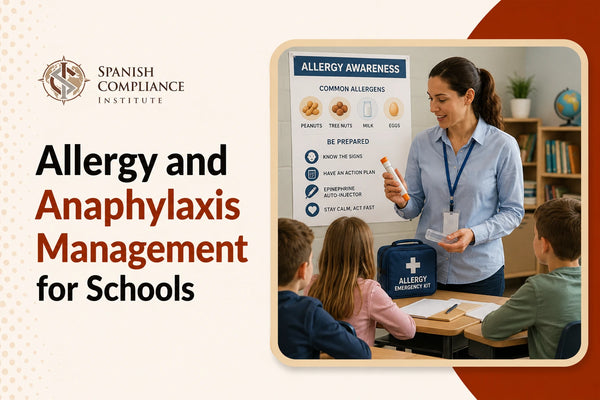 Allergy and Anaphylaxis Management for Schools course cover featuring a teacher showing an epinephrine auto-injector and allergy emergency kit to students in a classroom.
