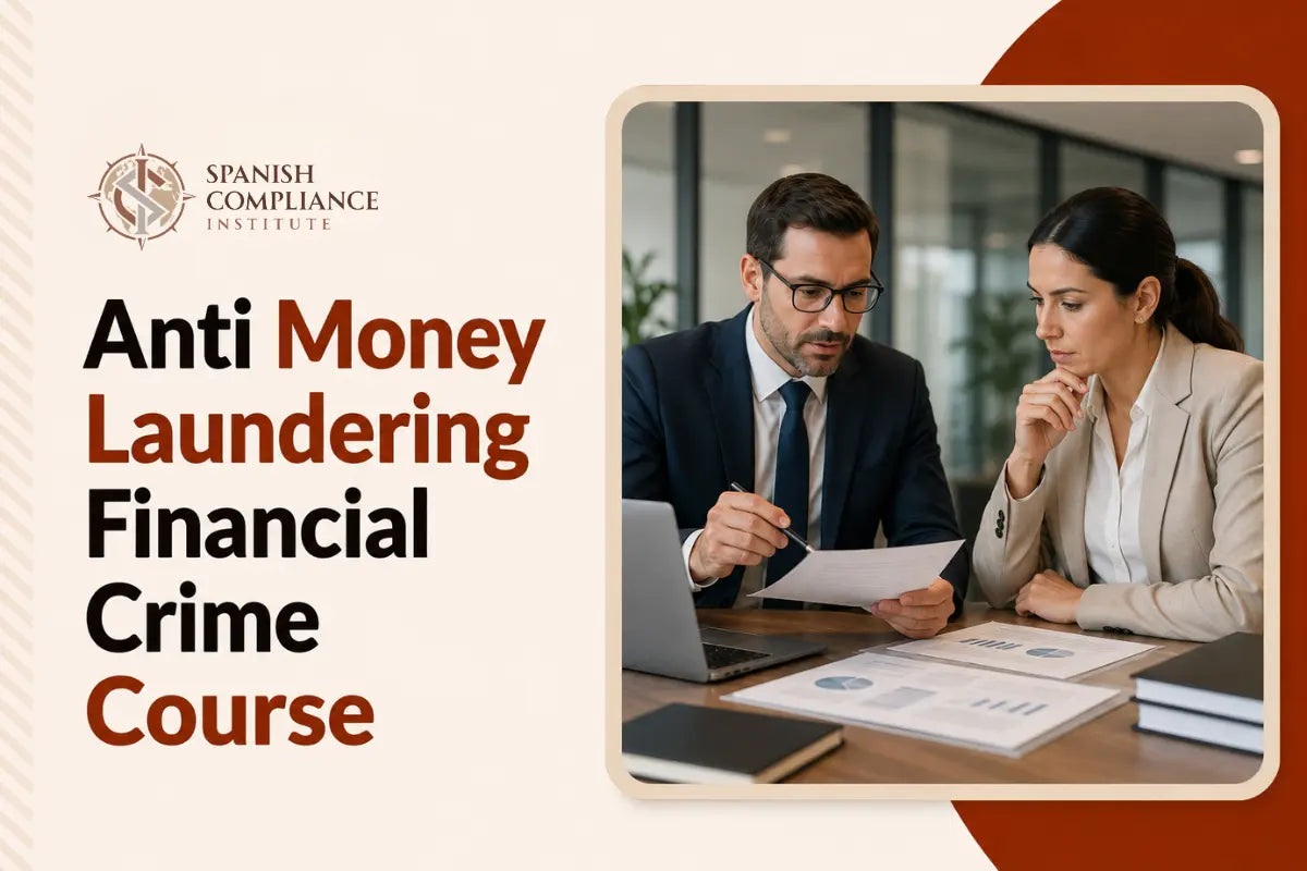 Anti-Money Laundering Financial Crime Course cover featuring two business professionals reviewing financial documents in an office.