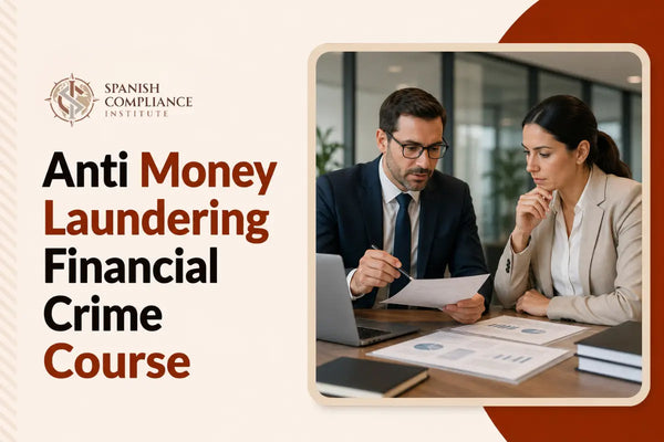 Anti-Money Laundering Financial Crime Course cover featuring two business professionals reviewing financial documents in an office.