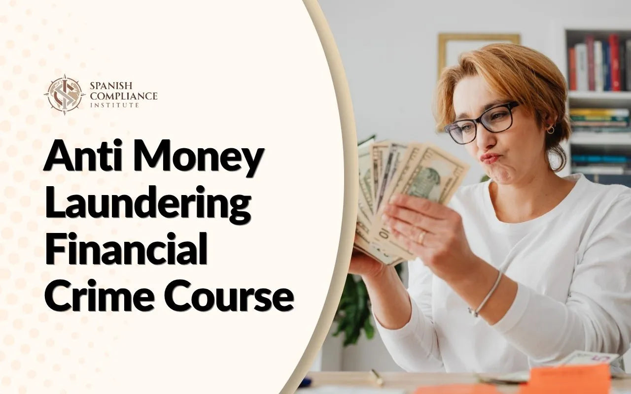 Course graphic for Anti Money Laundering Financial Crime Course showing a woman examining cash at her desk.