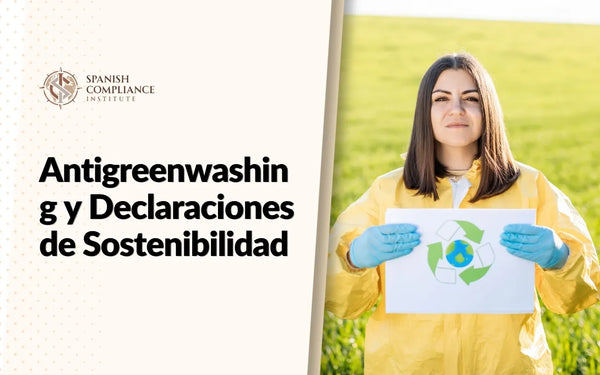 Imagen del curso Antigreenwashing y Declaraciones de Sostenibilidad con una persona sosteniendo un letrero ecológico de reciclaje.