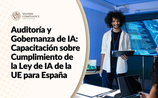 Portada del curso Auditoría y Gobernanza de IA: Capacitación sobre Cumplimiento de la Ley de IA de la UE para España con un instructor liderando una presentación técnica.