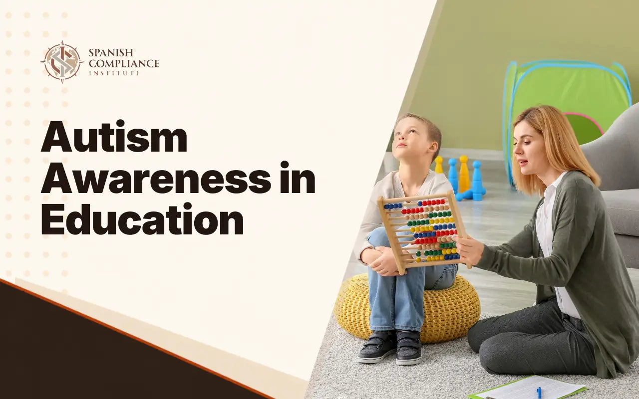 Autism Awareness in Education course banner showing an educator working with a young student on the floor.