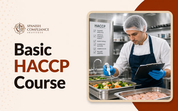 Basic HACCP Course cover featuring a food handler checking food temperatures and recording HACCP controls in a commercial kitchen.